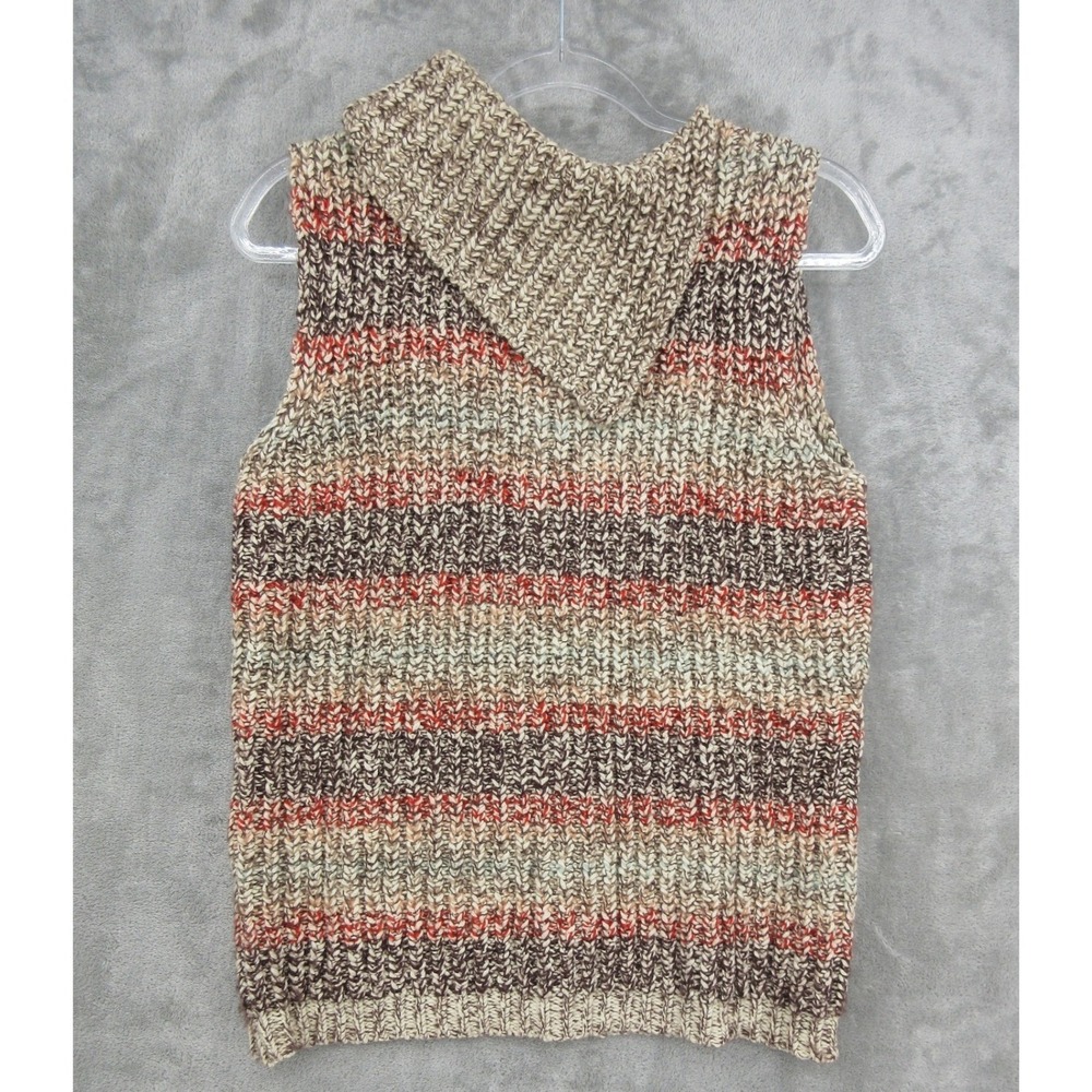 J Crew Sweater Vest Womens Large Wool Blend Stripe Hook & Eye Chunky Knit Brown